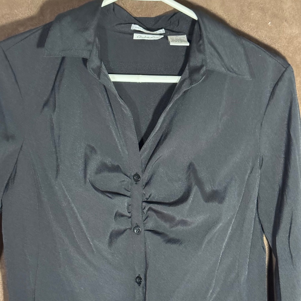 Charlotte Russe Black Blouse Top 3/4 Sleeve Button Front Ruched Fitted Career - Picture 2 of 6